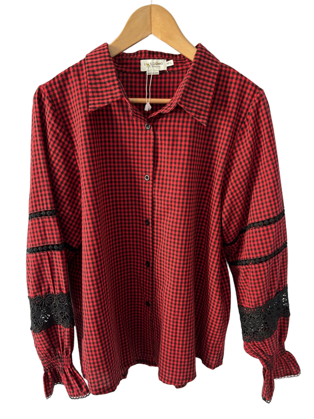 LILI SIDONIO x Molly Bracken Gingham Button-Down Shirt M/L Lace Trim Red Black